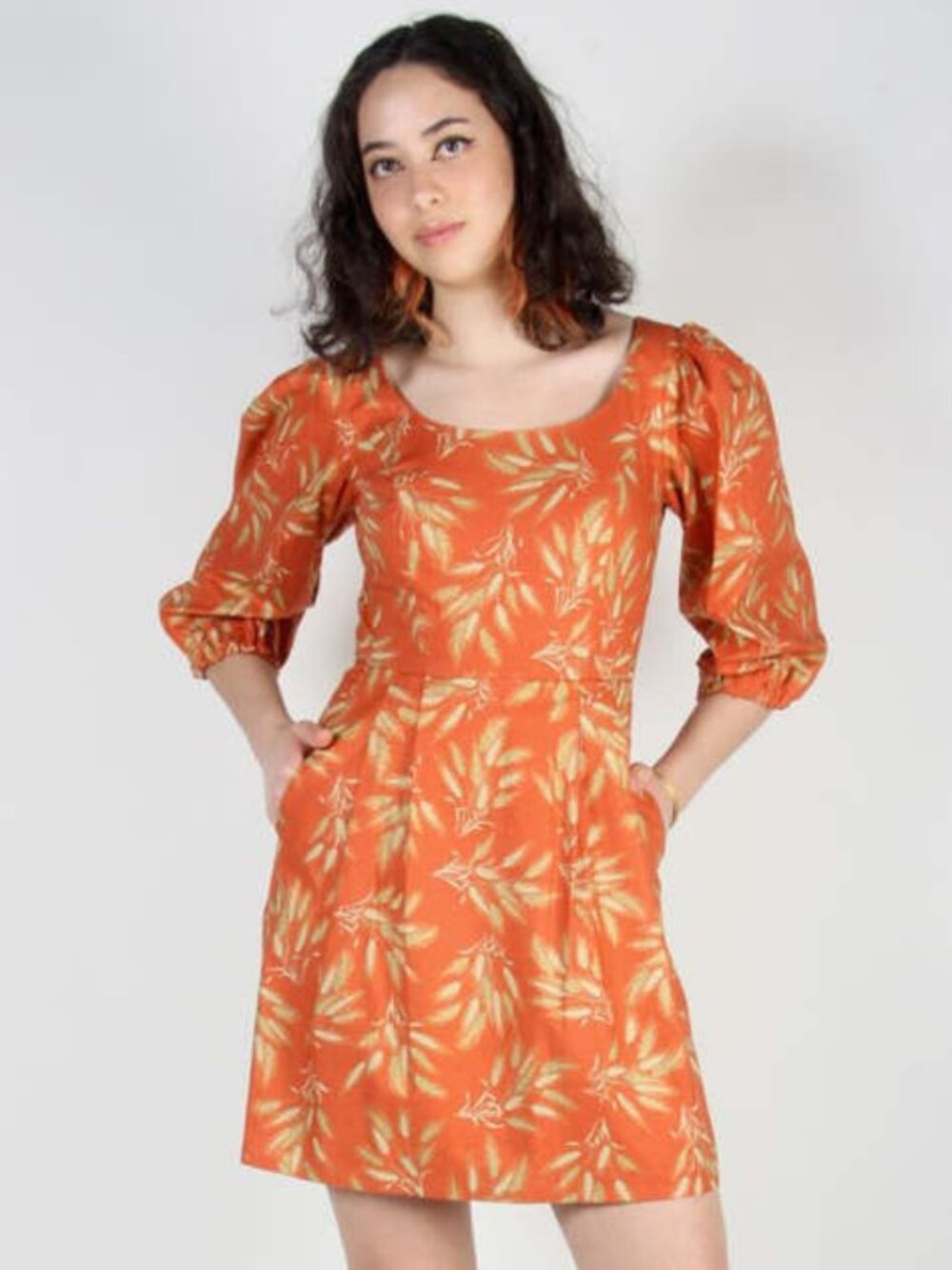 Fun autumn print cotton dress with pockets